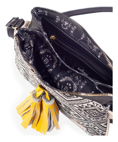 Bolsa Crossbody De Piel Genuina Con Textil Etnico Angelozano Color Negro Diseño de la tela Jaqueline Etnico