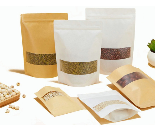 100 Sacos Kraft Stand Up Pouch Com Janela Para 250g
