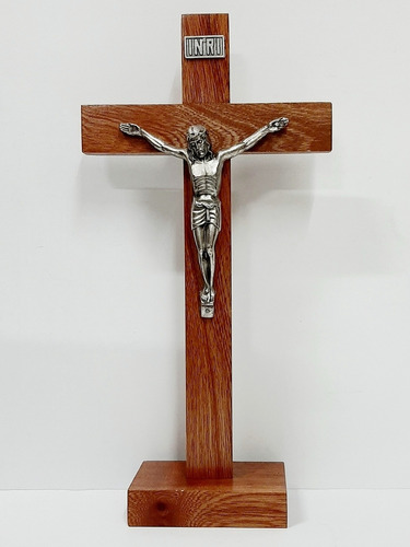 Crucifijo De Madera Con Base  -  31 Cm  - Cristo De Metal 