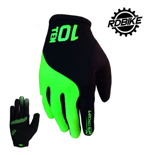 Guantes Mtb 10 Ten Negro Verde Fluor Dedos Largos