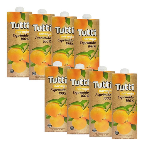Jugo Tutti Naranja 100% Exprimido Libre De Gluten 1l Pack X8