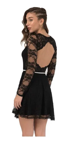 Vestido Corto Fiesta Negro Manga Encaje Sin Espalda