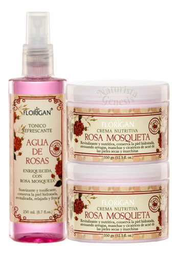 Agua De Rosas Kit Skincare + 2 Cremas Rosa Mosqueta Florigan