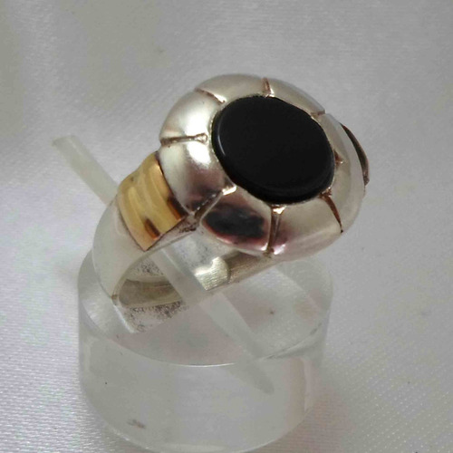 Anillo Plata Con Oro Forma De Flor Con Onix Negro. Nro 12