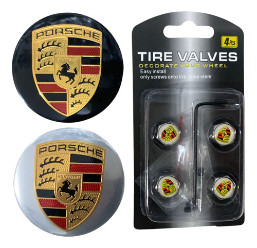 4 Emblemas Adhesivos Porsche 56mm + Tap Válvulas