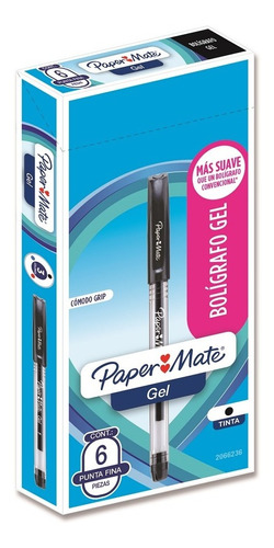 Boligrafo Tinta Gel Negro  Pta Fina 0,5mm 6 Un Paper Mate