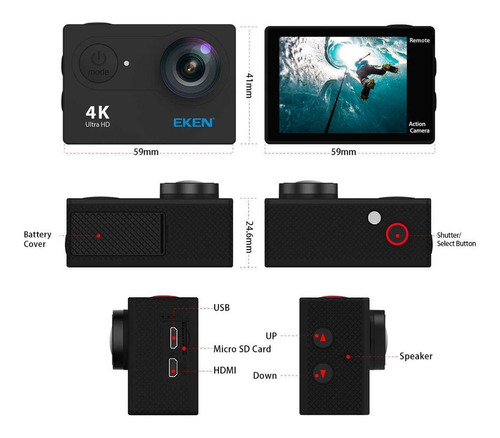 Câmera Eken H9r 4k Filmadora Original Wifi Controle + Bateria + 32gb Esporte Full Hd Prova D´água Capacete Moto Action