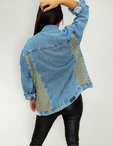 Campera De Jean Con Tachas Oversize Larga Customizada Dama