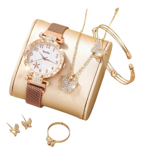 Set Reloj Para Mujer Mariposa Dorado Con Collar Aretes Reloj