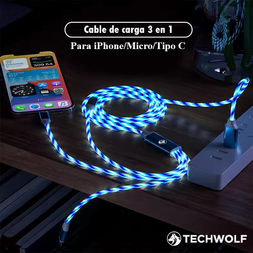Cable De Carga 3 En 1 Con Luz Fluida Cable Usb-a A Tipo C/micro/ios Color Azul, Techwolf Cable Usb C Teléfono Móvil Con Luz Led 1.2m