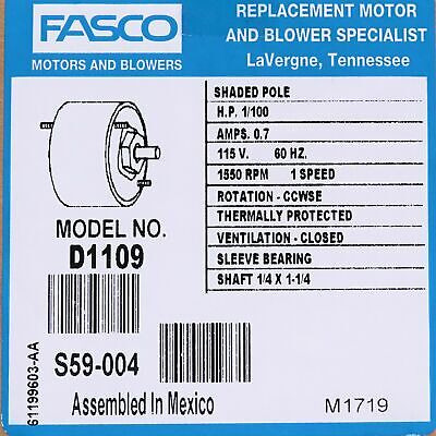 D1109 Fasco For Nutone Bathroom Fan Vent Motor 23405 233 Vve