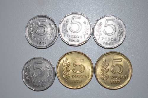 Monedas Argentinas 5 Pesos Año 1961-1962-1963-1964-1976-1977