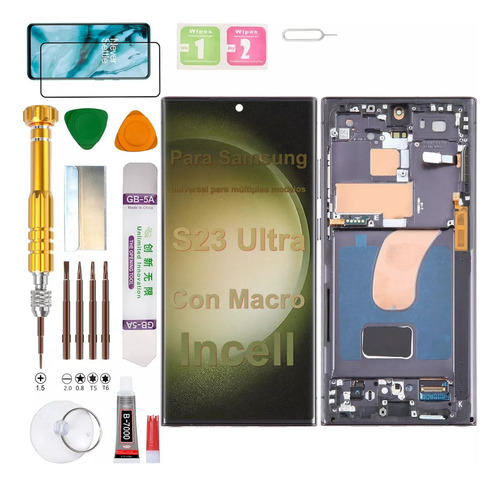 (Negro) Pantalla Para Samsung S23 Ultra 5G S918B S918U S918U1 Galaxy SM-S918B/DS Display Con Macro (Incell Sin Huella Dactilar)