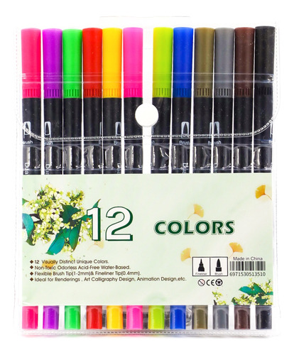 12 Colores Marcadores Plumones Punta De Pincel Dual Brush