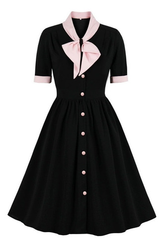 Manga Retro Inclinarse Corta Negro Botones Vestido Grande