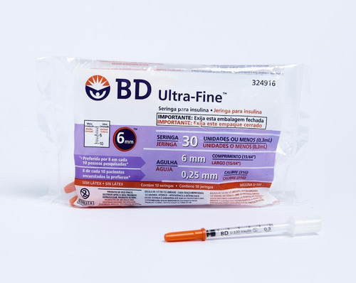 Seringa De Insulina Bd Ultra-fine 30 Ui De 6 Mm Com 10 Un