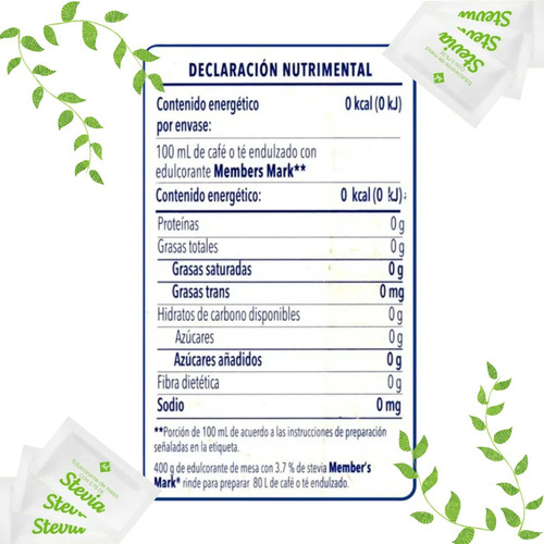 Edulcorante Con Stevia Member's Mark Con 400 Sobres De 1 G