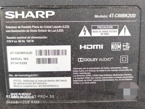 Tarjeta Fuente Sharp 4t-c60bk2ud, 1p-1198x01-1010 (Usado)
