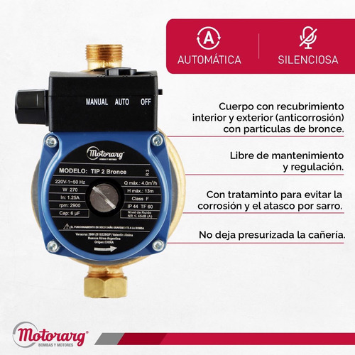Imagen 4 de 12 de Bomba Presurizadora Motorarg Tip 2 Bronce 3 Baños 270 Watts