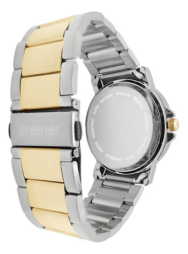Reloj De Hombre Steiner Con Bisel Giratorio Y Fechador 3 Atm Correa Plateado Bisel Dorado Fondo Plateado