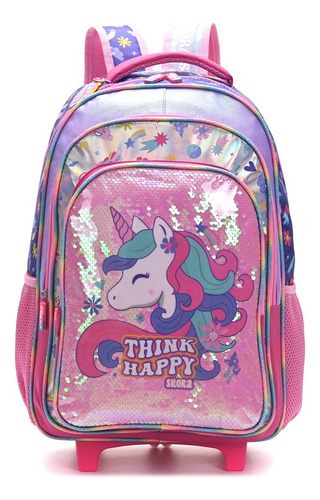 Mochila Con Carro 18  Escolar Skora Think Happy Lentejuelas