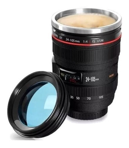 Taza En Forma De Lente De Camara 300 Ml Termo Con Tapa Azul 