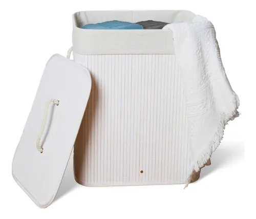 Kontuz cesto de roupa suja de bambu com tampa e alças 50L cor branco Menor preço em Kontuz cesto de roupa suja de bambu com tampa e alças 50L cor branco