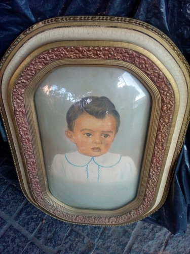 Antiguo Cuadro Vidrio Bombe Pintado A Mano Retrato Bebe 