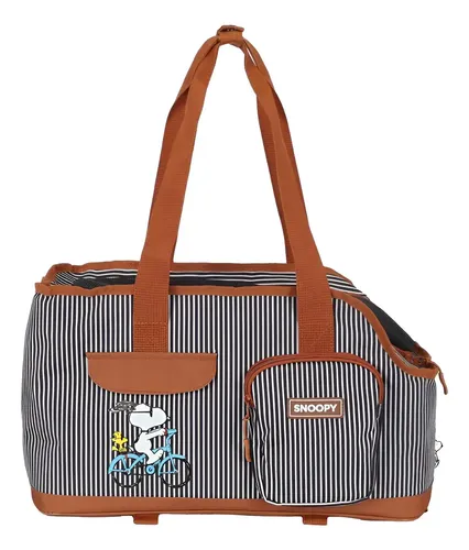 Bolsa de transporte pet marrom com estampa do Snoopy