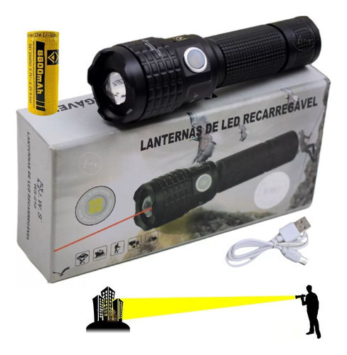 Lanterna Carregável Super Potente Longo Alcance Com Laser Cor Da Luz Branco Cor Da Lanterna Preto