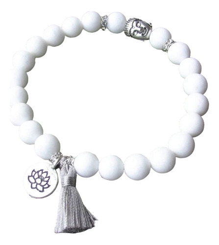 Pulsera Budista Piedra Blanca De Borla Flor De Loto 8mm Yoga