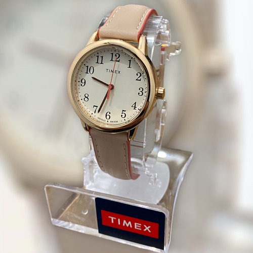 Reloj Mujer Timex Correa De Piel Con Luz 30 Mm Tw2r628009j Correa Rosa Bisel Rosa dorado Fondo Blanco