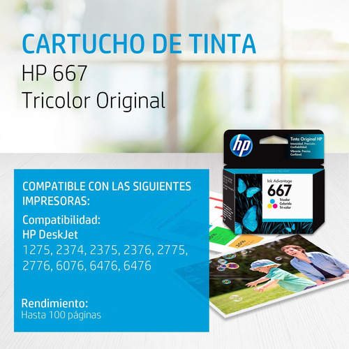 Imagen 2 de 10 de Cartucho De Tinta Hp 667 3ym78al Tricolor Original 2375 1275