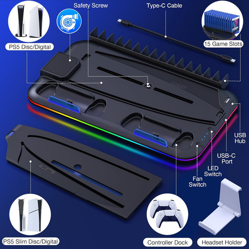 Base de carga Gllai Cooling para mandos de Ps5 con iluminación RGB y ventilador de refrigeración interno compatible con Ps5 y Ps5 Slim White