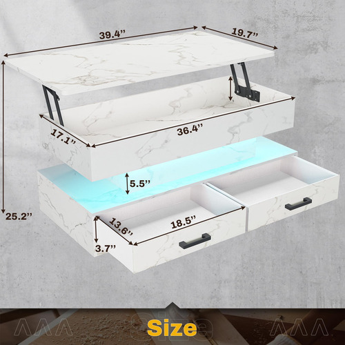 Mesa De Centro Elevable 102 Cm Con 2 Cajones Y Luz Led