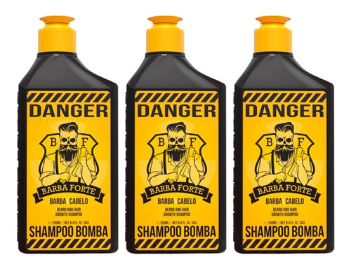 Kit 3 Shampoo Danger Para Barba E Cabelo 250ml Barba Forte