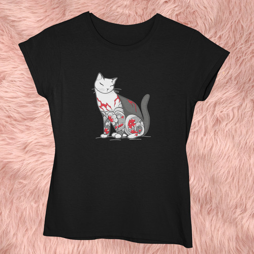 Blusa Playera Mujer Talla Extra Gato Blanco Con Flores Rojas