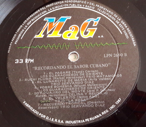 Dante42 Disco 33 Vinilo Lp Recordando El Sabor Cubano (Usado)