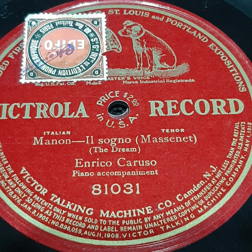 Pasta Enrico Caruso Piano Accomp Victrola Record C376