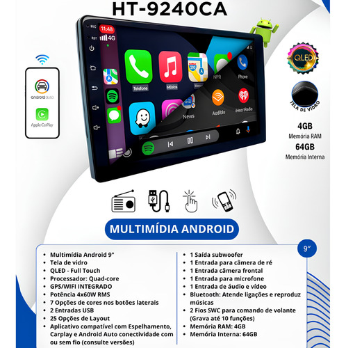 Multimidia 9 Qled Quadcore 4gb 64gb Android Auto Carplay Usb