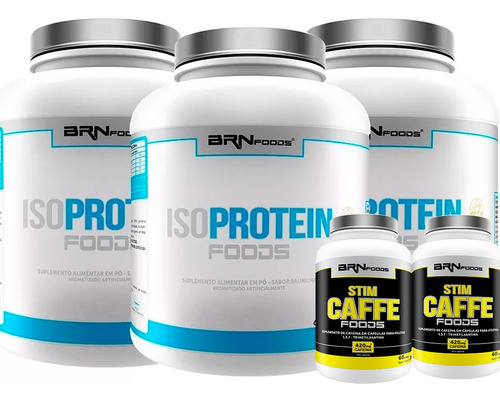 Kit 3x Whey Proten Isolado Brn Foods +2x Termogênico Cafeína Sabor Morango