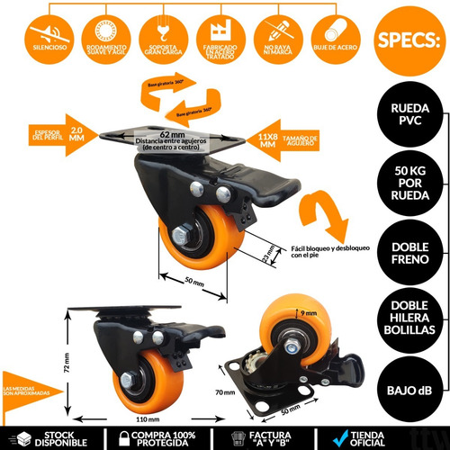 Imagen 2 de 7 de Rueda Giratoria Naranja Pvc 50x23 Mm Doble Freno Rodamiento