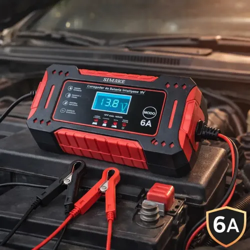 Carregador de Bateria Simake 6A Bivolt, para Carro, Moto e Caminhão