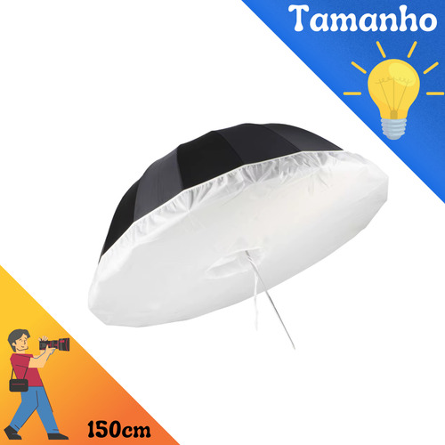 Sombrinha Rebatedora Prata Preta 150cm Com Capa Difusora Branca