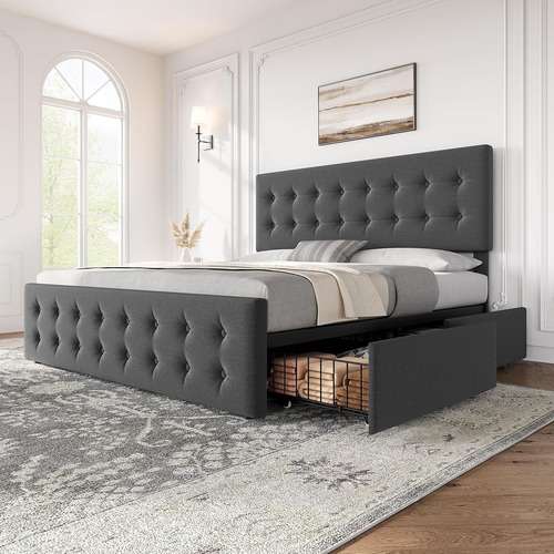 Base De Cama King Size Idealhouse Tapizada Gris Oscuro