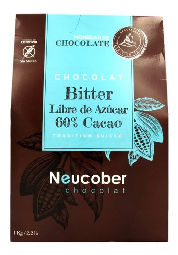 Chocolate Cobertura Neucober Bitter 60% Cacao Sin Azúcar