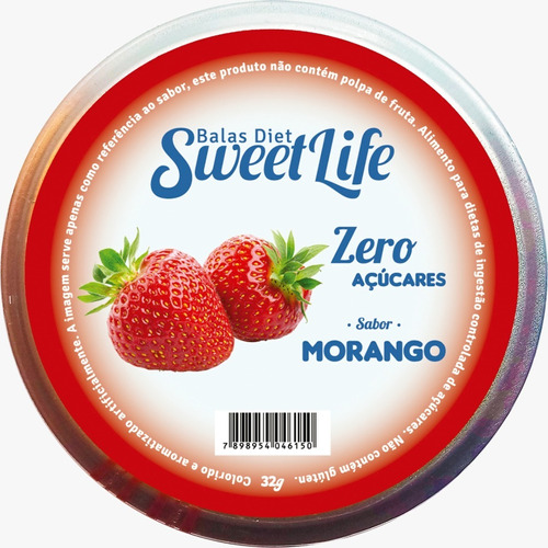 Bala morango Sweet Life diet zero açucar vegana lata 32g