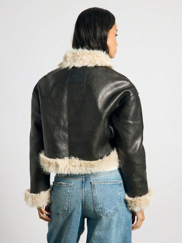 Campera Gamulán Negro Piel Sintética Mujer
