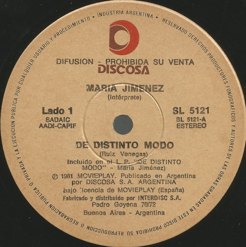 María Jiménez / De Distinto Modo - Simple Vinilo Promo