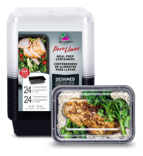 144 Contenedores Para Alimento Reutilizable Rectangular 24oz Color Negro Diseño Rectangular con Tapa Transparente Para Microondas, Congelador y Lavavajillas Fáciles de Limpiar, Apilables y Ecológicos